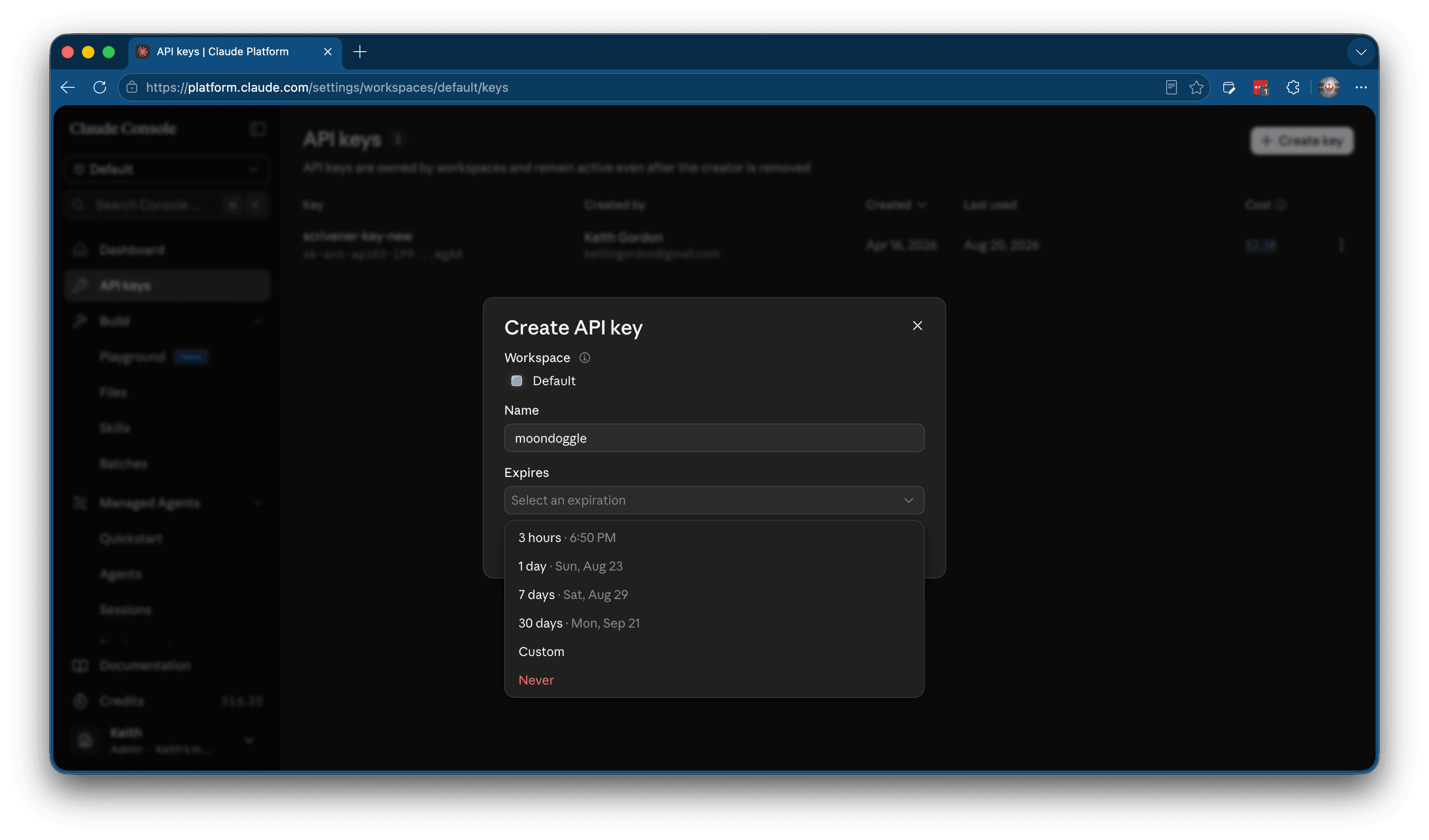 Anthropic console showing the Create Key button and the generated key