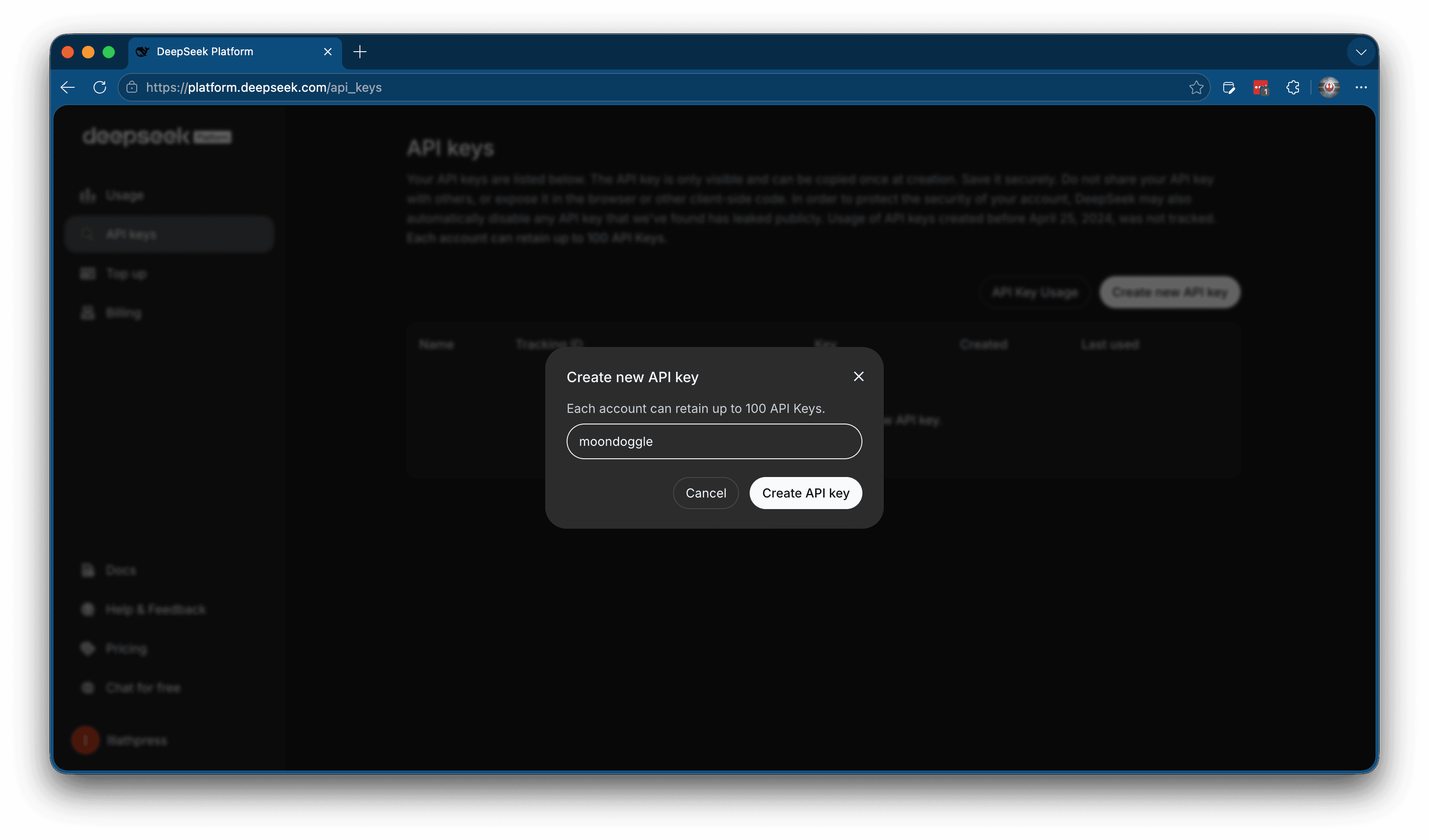 DeepSeek platform showing API key creation and top-up