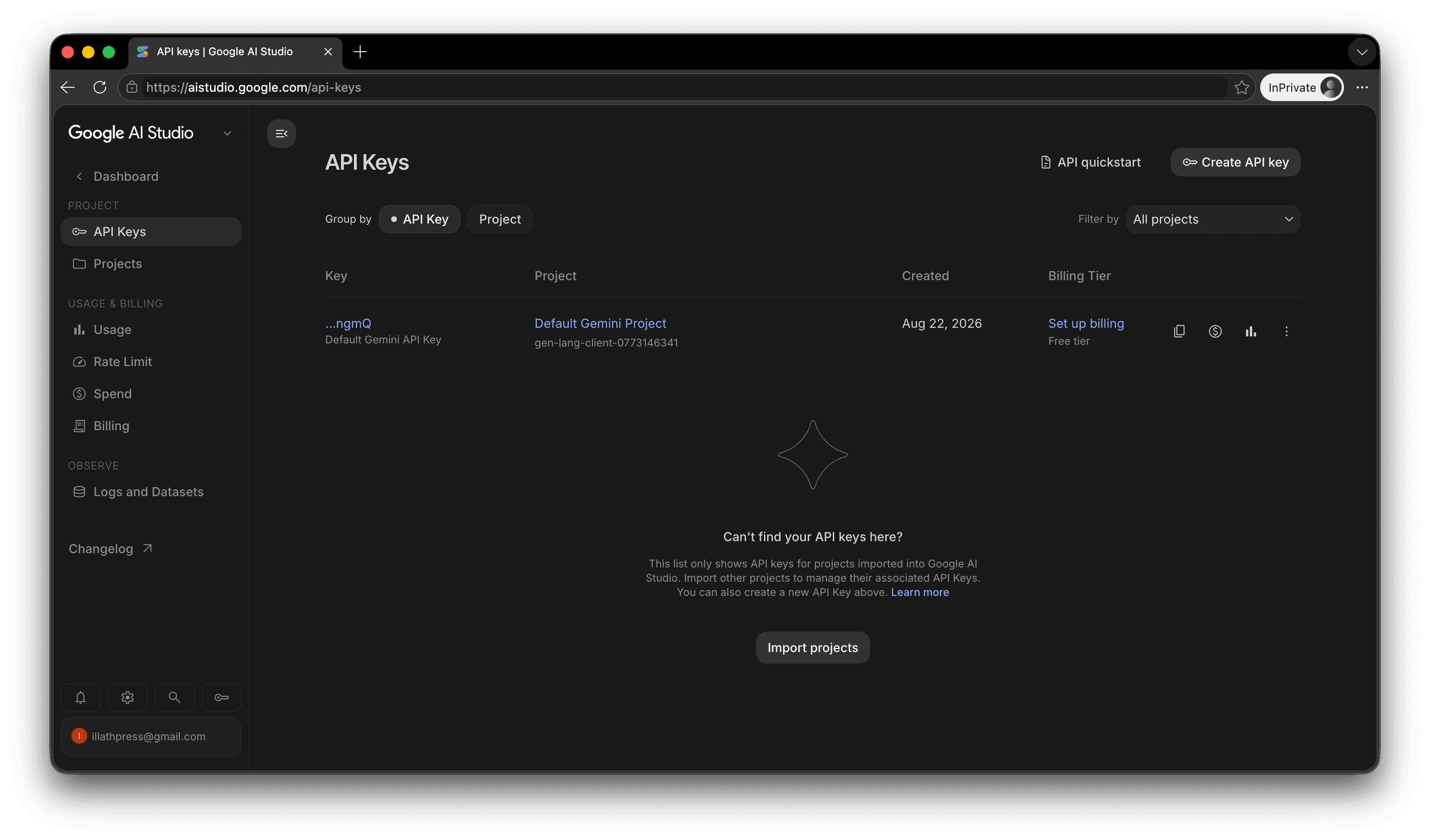 Google AI Studio showing the API key creation flow