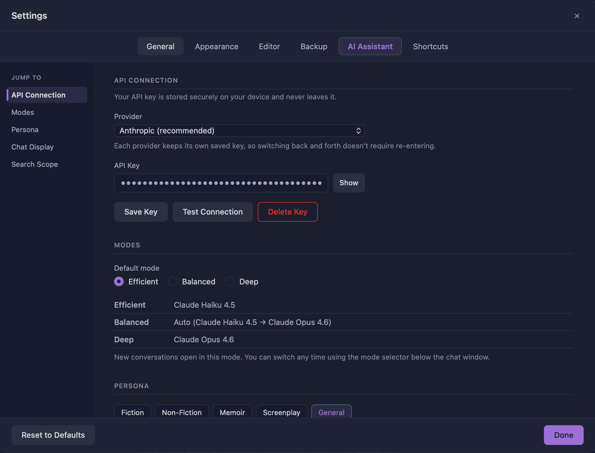Moondoggle Settings showing the AI Assistant tab with provider dropdown, key field, and test button
