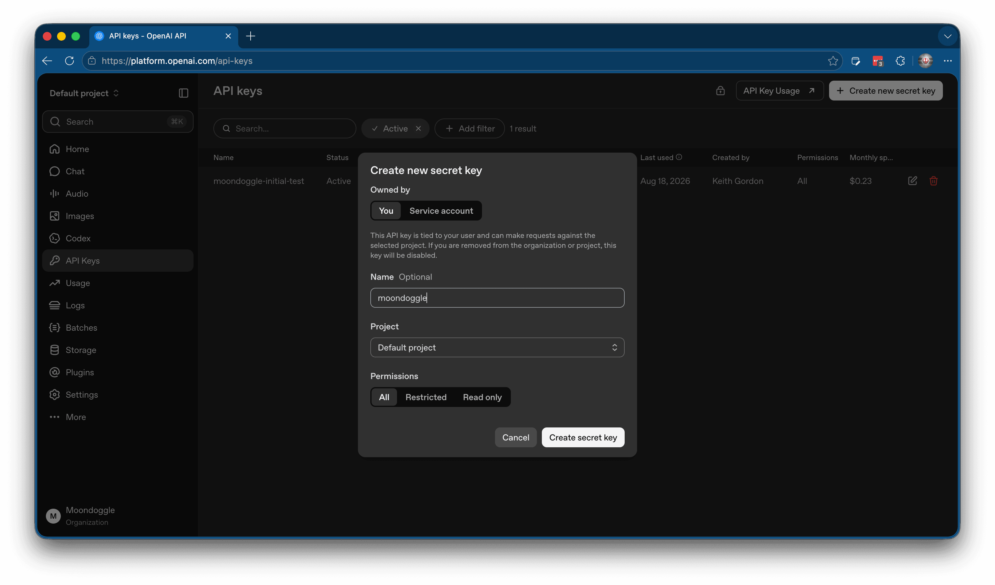 OpenAI platform showing the API Keys page and billing section