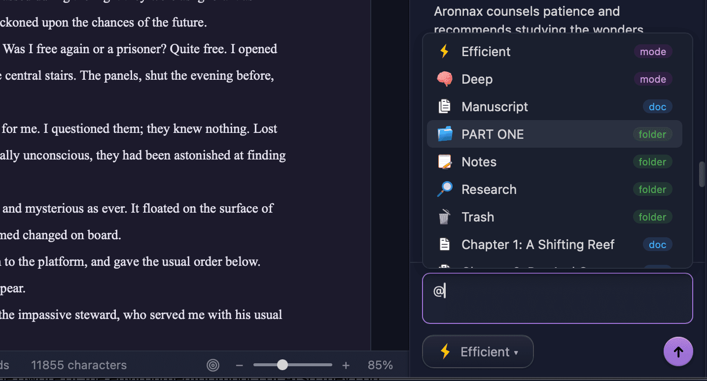 The @ popup showing the document tree for targeting specific chapters