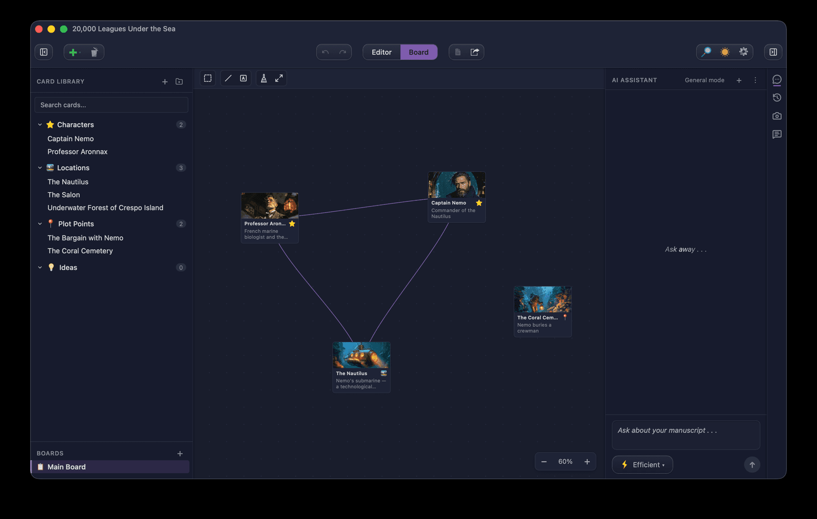 Board canvas with character and location cards connected by relationship lines