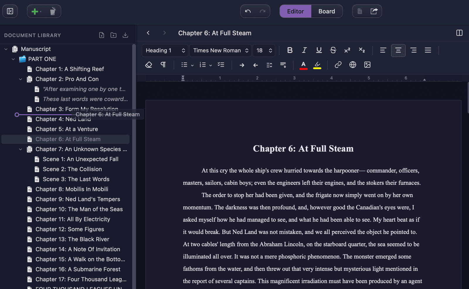 Document tree sidebar showing nested chapters and scenes