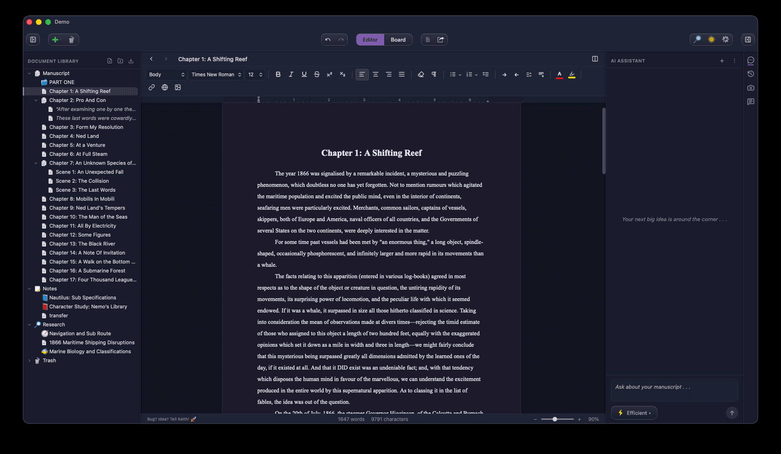 The Moondoggle editor in dark mode with the formatting ribbon visible