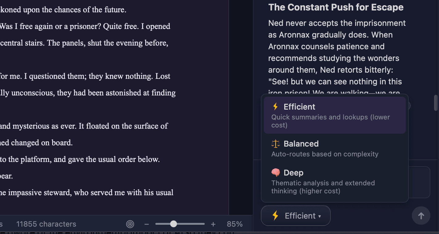 Mode selector dropdown showing Efficient, Balanced, and Deep options